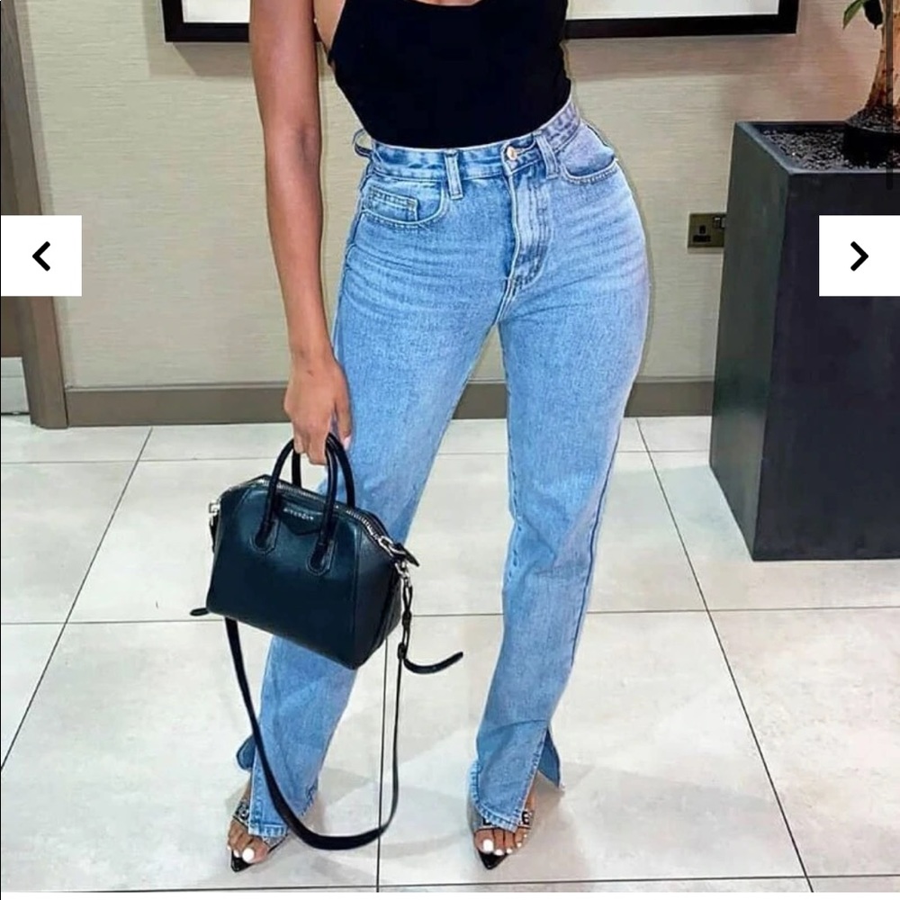 Rebellious fashion- BLUE DENIM STRAIGHT LEG SIDE SPLIT JEANS - TASHI NWT